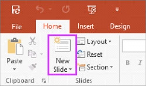 30. Ȋn aplicaţia Microsoft PowerPoint 2010, butonul New Slide (Diapozitiv Nou) din ribbonul (panglica) Home permite inserarea unui slide nou şi alegerea tipului/formatului acestuia:
